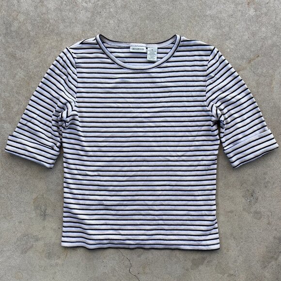 Striped Scoop Neck Top with Cuffed Quarter Length Sleeves - Picture 2 of 10